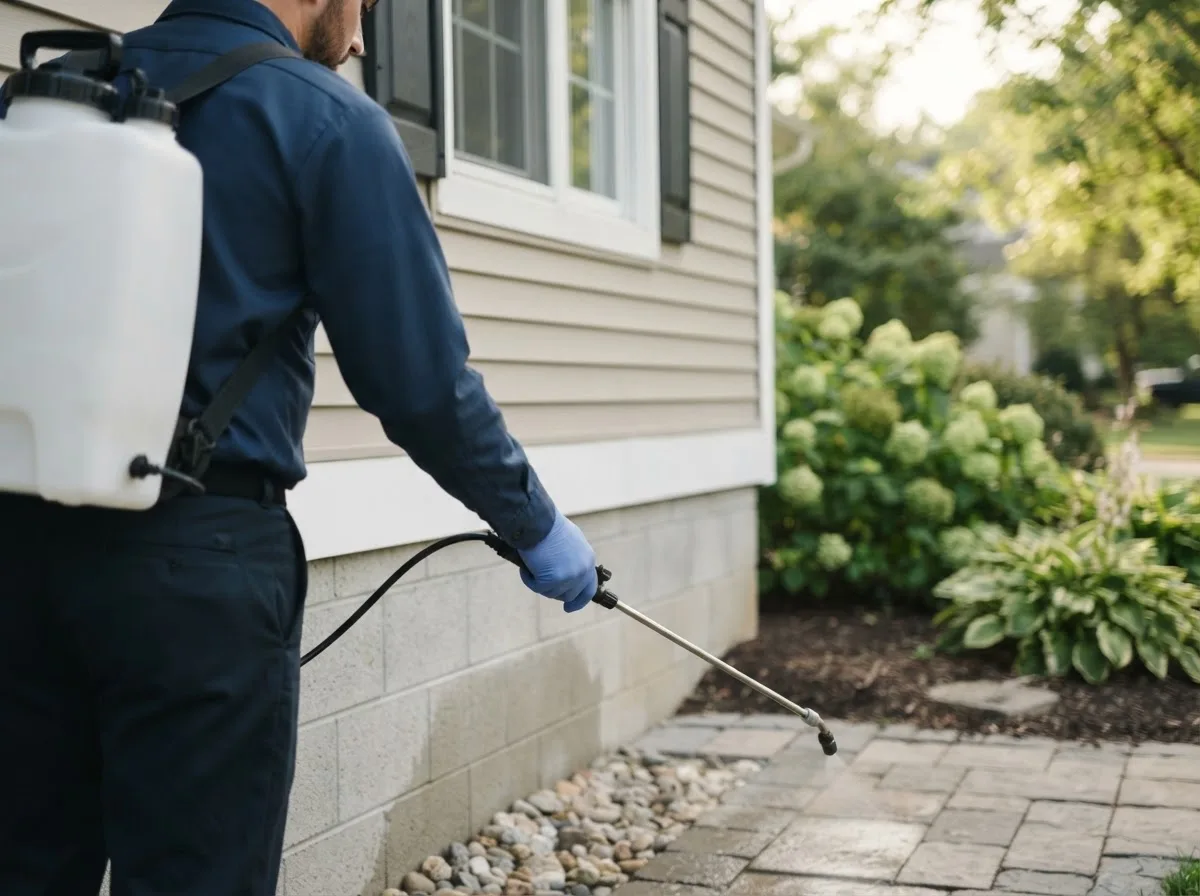 Pest control technician inspecting a home in Caddo, OK